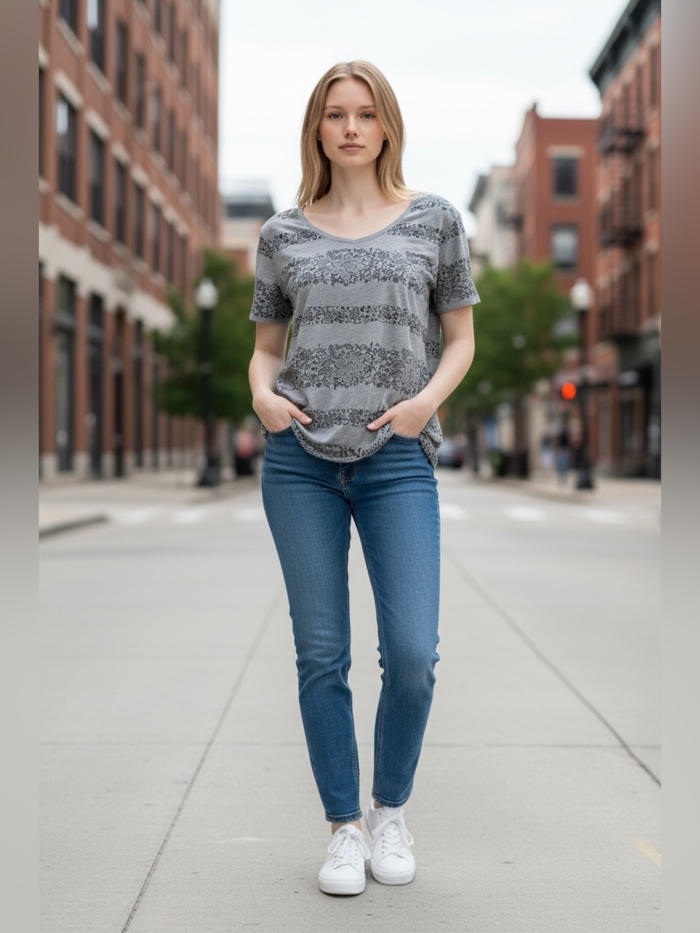 Sonoma Gray and blue Floral Striped Women's Tee